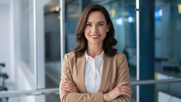 Photo portrait d'une femme d'affaires réussie, belle et dirigeante, habillée décemment, regardant la caméra et le sm