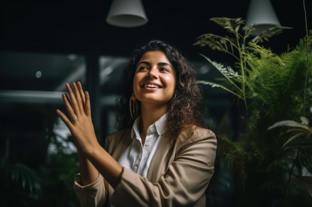 Portrait d'une femme d'affaires souriante agitant la main au bureau Generative AI