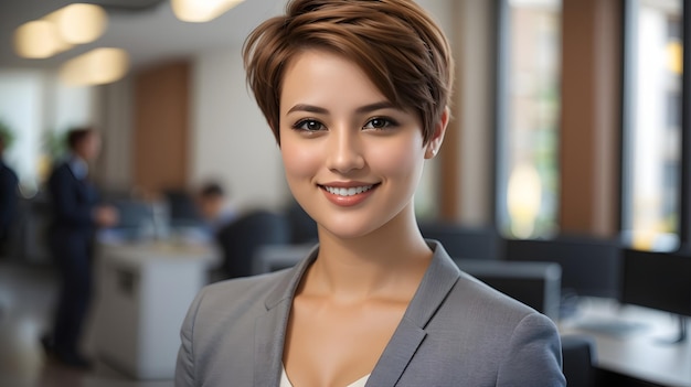 Portrait d'une femme d'affaires souriante au bureau. Elle regarde la caméra.