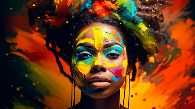 portrait d'une femme africaine avec un maquillage créatif et une peinture colorée