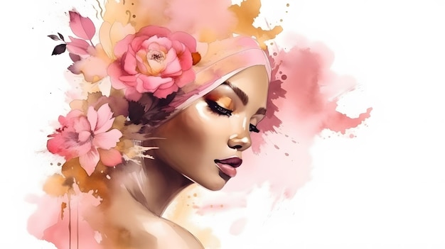 Portrait de femme africaine de mode fleurs rose tendre coiffure peinture aquarelle splash illustration beauté bannière Ai générative