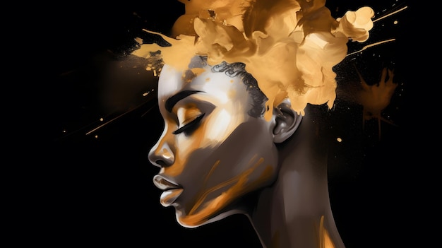 Portrait de femme africaine moderne et élégant aquarelle golden splash coiffure bannière noire illustration pour coiffeur Generative Ai