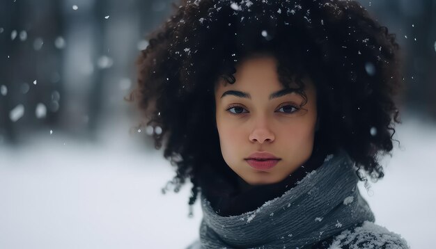 Portrait de femme africaine noire avec des flocons de neige sur fond