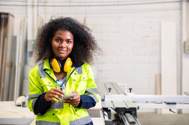 Portrait femme africaine noire intelligente jeune ingénieur travailleur avec des équipements de protection de sécurité heureux souriant avec smartphone à l'usine de meubles en bois
