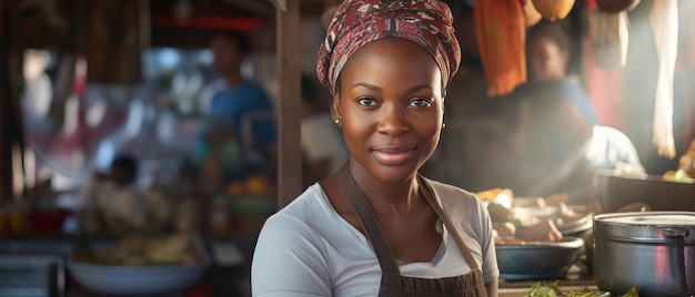 Photo portrait d'une femme africaine près d'un marché de la ville generative ai