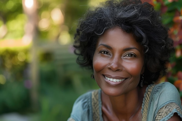 Portrait d'une femme afro-américaine d'âge moyen avec une belle peau en bonne santé, une belle femme heureuse.