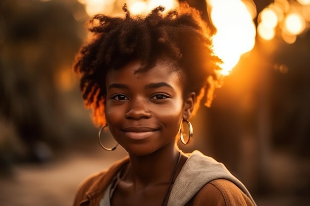 Portrait d'une femme afro-américaine capturée lors d'un magnifique coucher de soleil Generative AI