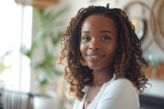 Portrait d'une femme afro-américaine heureuse dans un salon lumineux à la maison en gros plan