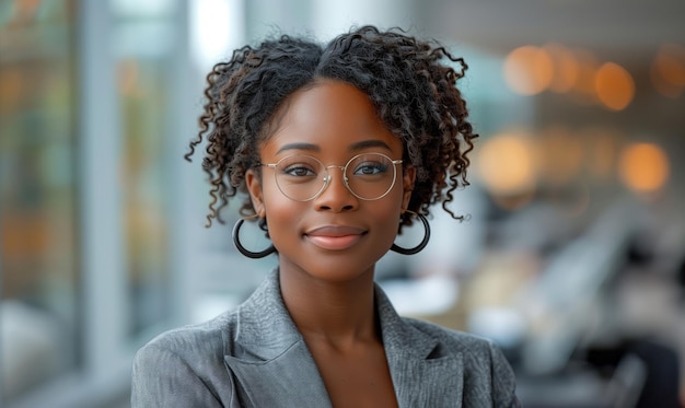 Portrait d'une femme afro-américaine heureuse et prospère en costume et lunettes dans un bureau moderne