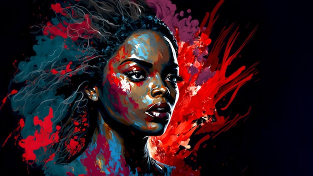 Portrait de femme afro-américaine inexistant dans des éclaboussures de couleurs mélangées sur fond noir art généré par le réseau de neurones