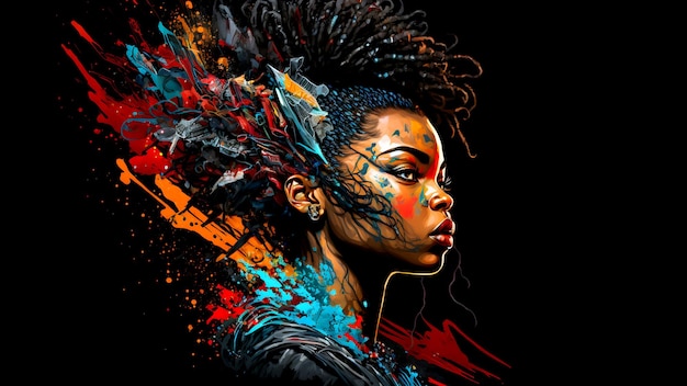 Portrait de femme afro-américaine inexistant dans des éclaboussures de couleurs mélangées sur fond noir neural