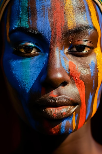 Un portrait d'une femme afro-américaine peint avec des peintures multicolores Closeup