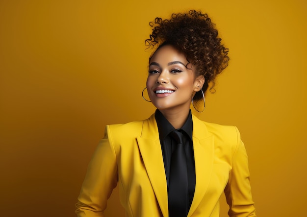 Portrait d'une femme afro-américaine souriante dans un costume jaune et des écouteurs