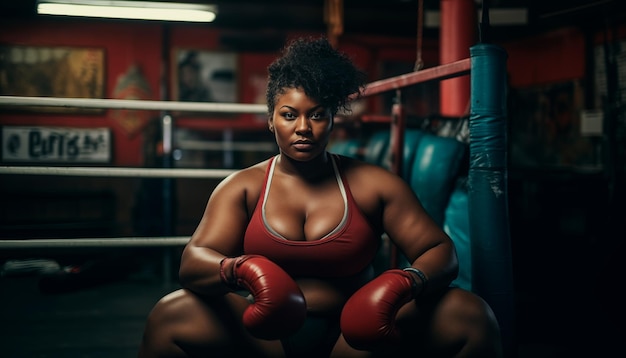 Portrait d'une femme afro-américaine en surpoids portant des gants de boxe dans la salle de sport sur fond sombre