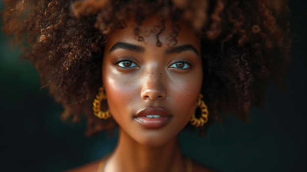 Portrait d'une femme afro élégante avec des boucles d'oreilles en or et une bannière à chaîne sur fond noir