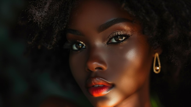 Portrait d'une femme afro élégante avec des boucles d'oreilles en or et une bannière à chaîne sur fond noir