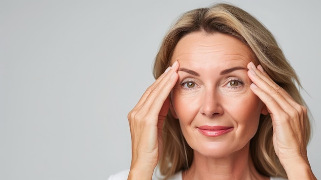 Portrait d'une femme d'âge moyen assez charmante et attrayante avec une peau du visage parfaite vérifiant les rides sur son front tenant des doigts sur le front isolé sur un fond gris.