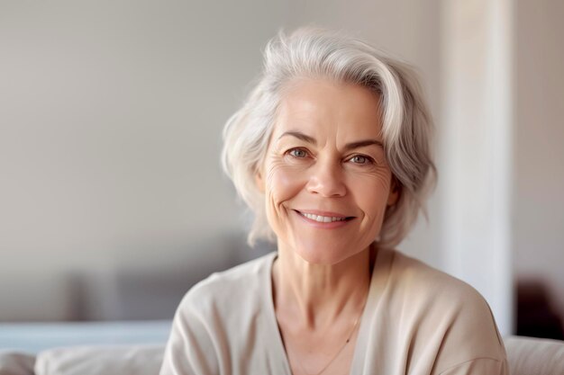 Photo un portrait d'une femme d'âge moyen aux cheveux argentés souriant à la caméra dans son salon confortable.