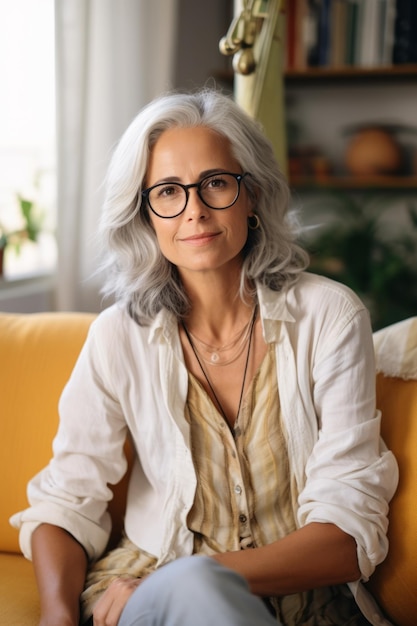 Un portrait d'une femme d'âge moyen aux cheveux gris et aux lunettes assise sur un canapé jaune