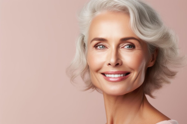 Portrait d'une femme d'âge moyen bien soignée et positive avec des cheveux gris sur fond rose