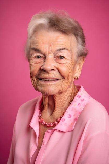 Photo portrait de femme âgée et âgée pour la retraite avec sourire en studio sur fond rose