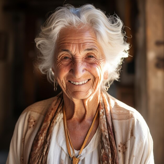 Portrait d'une femme âgée aux cheveux blancs et aux rides souriante