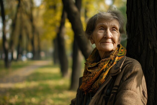 Portrait d'une femme âgée aux cheveux gris dans le parc pendant la journée