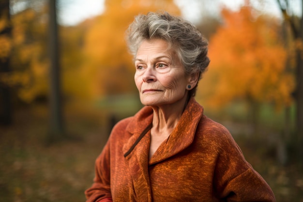 Portrait d'une femme âgée dans le parc d'automne Se concentrer sur le visage Generative AI