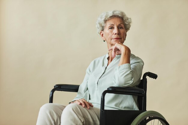 Portrait d'une femme âgée élégante en fauteuil roulant regardant la caméra sur fond neutre copie espace