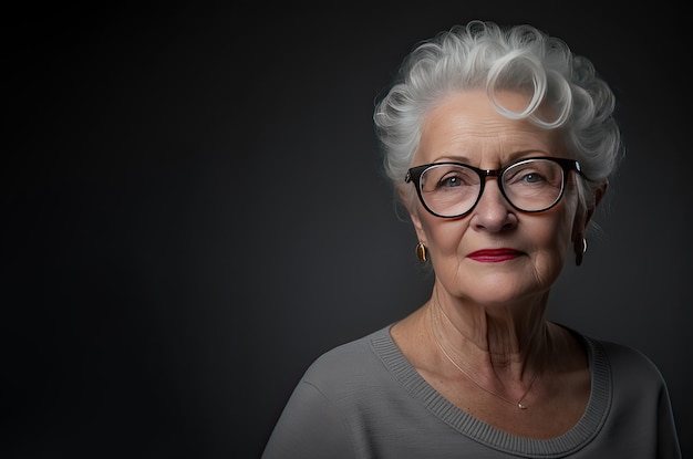 Portrait d'une femme âgée avec une expression attentive sur un fond sombre AI générative