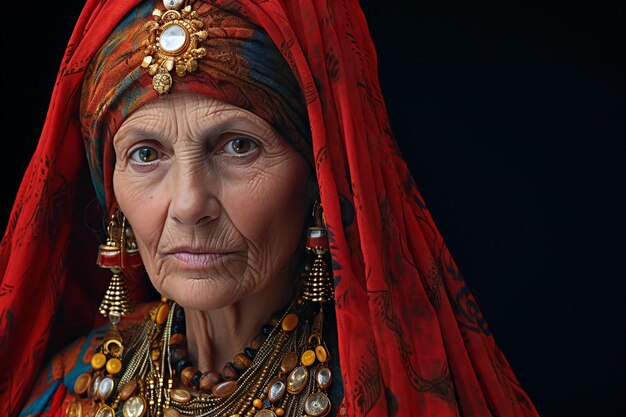 Photo portrait d'une femme âgée avec un foulard rouge