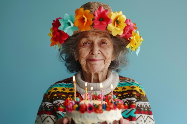 Portrait d'une femme âgée avec un gâteau d'anniversaire sur un fond bleu