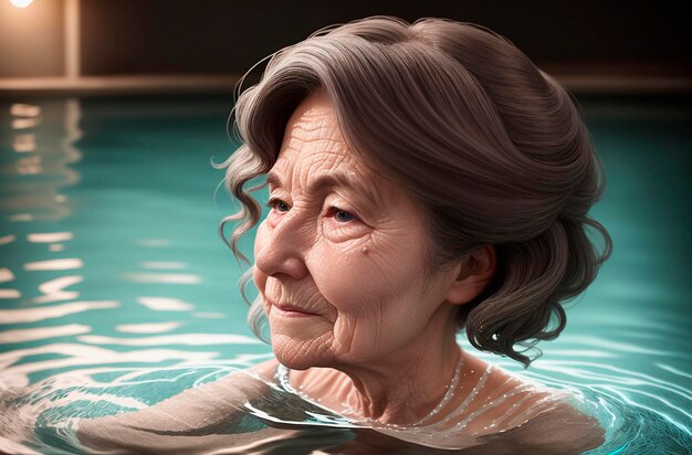 Portrait d'une femme âgée heureuse dans l'eau pendant des vacances Beauté mode Generative AI