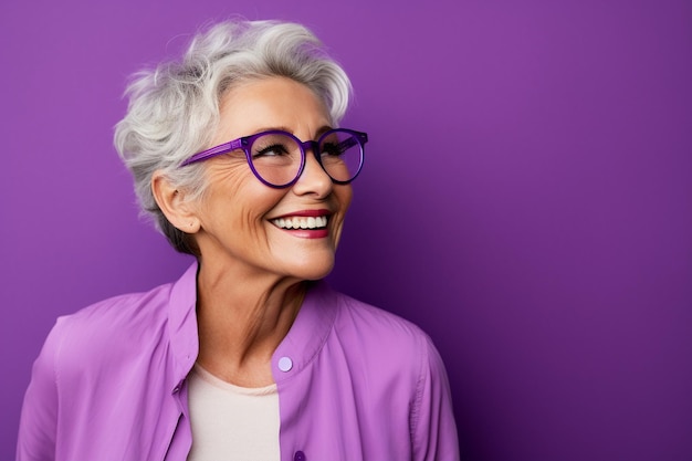 Portrait d'une femme âgée heureuse en lunettes sur fond violet