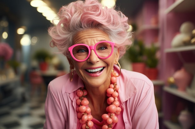 Portrait d'une femme âgée heureuse avec des lunettes roses au salon Une vieille femme riante avec une coiffure dans une tenue élégante