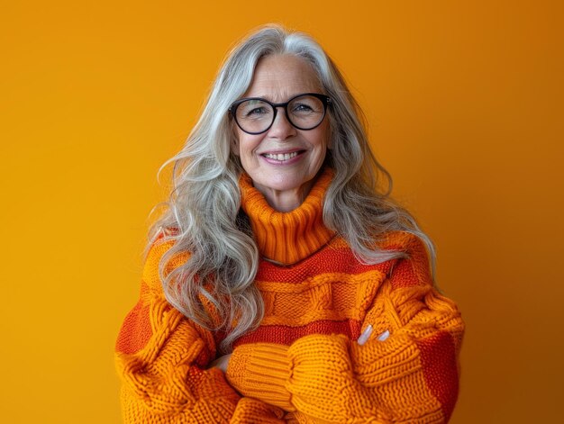 Portrait d'une femme âgée heureuse portant un pull orange et des lunettes sur fond orange