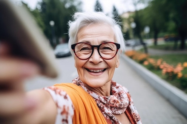 Portrait d'une femme âgée heureuse posant pour un selfie sur le campus de l'école créé avec l'IA générative