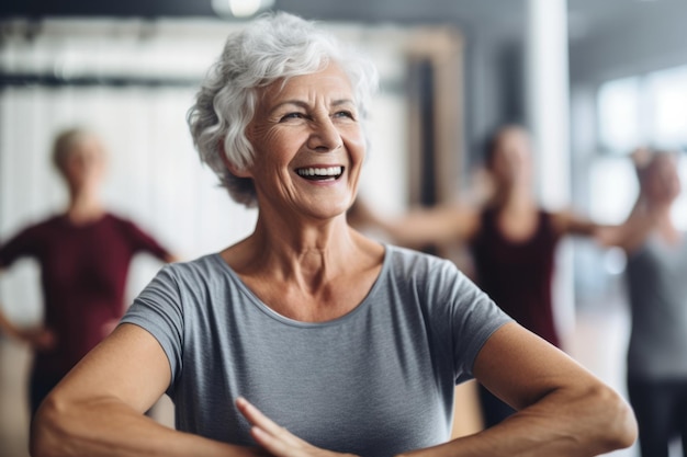 Portrait d'une femme âgée heureuse qui se gare dans un cours de yoga ou de fitness