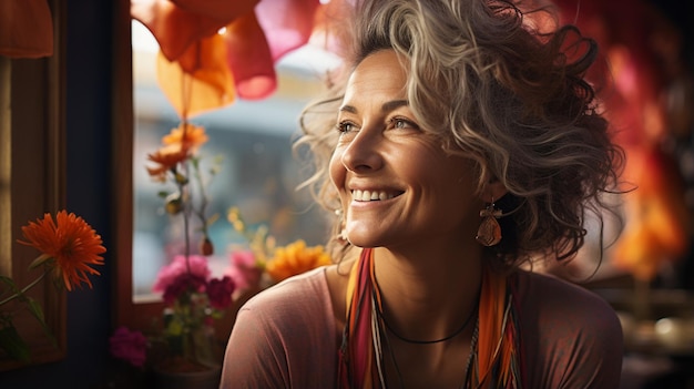 portrait d'une femme âgée heureuse souriante en se tenant près de la fenêtre