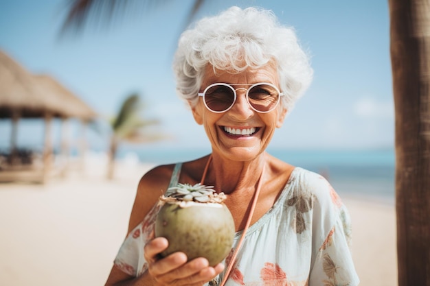 Portrait d'une femme âgée heureuse tenant une noix de coco sur la plage pendant les vacances d'été