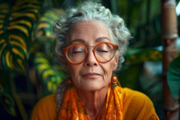 Photo portrait d'une femme âgée avec des lunettes dans le jardin tropical