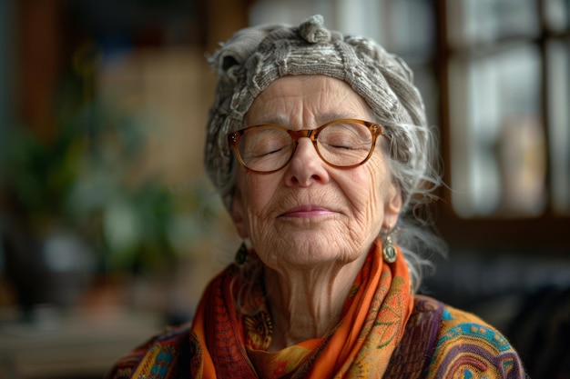 Portrait d'une femme âgée avec des lunettes et un foulard à la maison