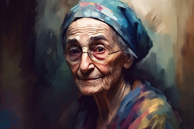 Portrait d'une femme âgée avec des lunettes peinte à l'aquarelle sur papier texturé Peinture à l'eau numérique