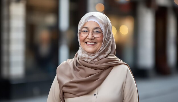 Portrait d'une femme âgée musulmane sur fond de ville