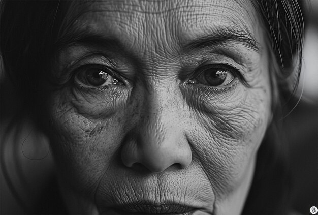 Portrait d'une femme âgée en noir et blanc Closeup