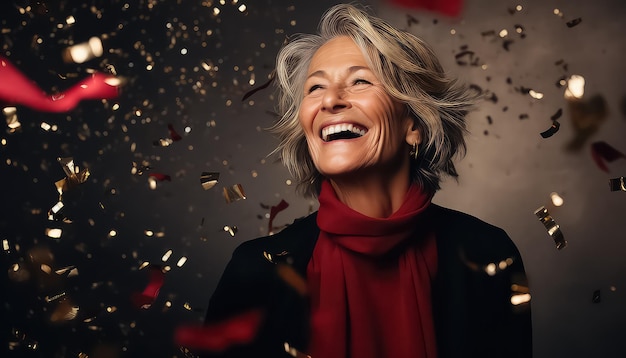 Portrait d'une femme âgée avec des paillettes volantes le concept de Noël et du Nouvel An