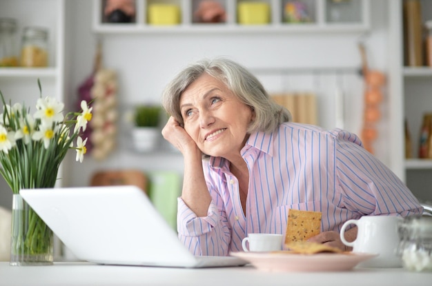 Portrait d'une femme âgée prenant son petit déjeuner avec un ordinateur portable