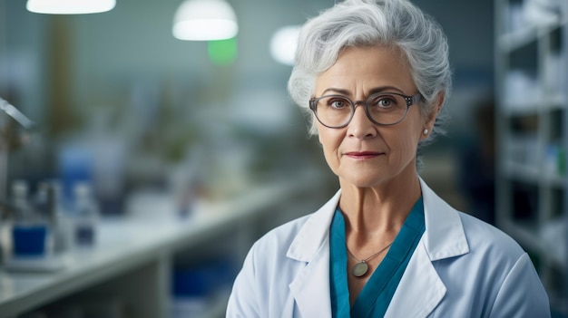 Portrait d'une femme âgée souriante, médecin professionnel, pédiatre, portant du blanc