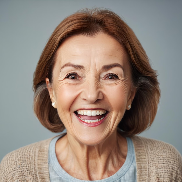 Portrait d'une femme âgée souriante regardant la caméra en train de rire.