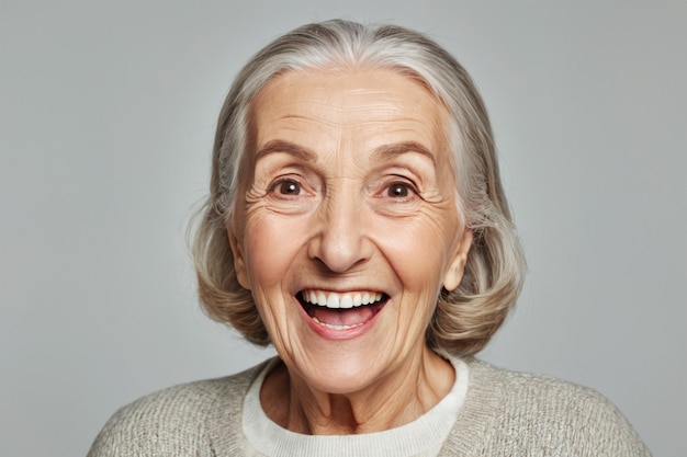 Portrait d'une femme âgée souriante regardant la caméra en train de rire.